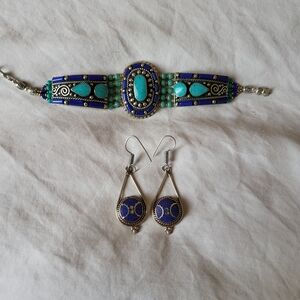 Genuine Composite Lapis Lazuli Turquoise Tibetan Silver Bracelet and Earring Set